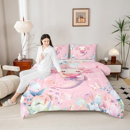 Feelyou Pink Cute Axolotl Comforter Set Queen Size Kids Cartoon Salamander Bedding Set for Boys Girls Flower Floral Print Duvet Quilt Kawaii Reptile Animal Ocean Sealife Room Decor