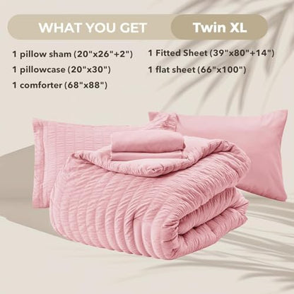 HYMOKEGE Pink Twin XL Comforter Set Seersucker 5 Pieces, All Season Luxury Bed in a Bag for Bedroom, Bedding Set with Comforter, Sheets, Pillowcase & Sham