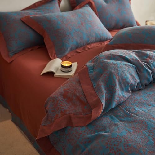 VM VOUGEMARKET Blue Red Duvet Cover Queen,3 Pieces Retro Jacquard Forest Theme Tree Leaves Bedding Set,Linen Cotton Yarn-Dyed Textured Duvet Cover with Zipper Closure