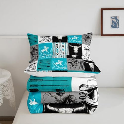 Manfei Cowboy Comforter Set Twin Size, Bull Skull Horse Arrow Quilt Set with 1 Pillowcase, Geometric Grid Blue Plaid Bedding Set 2pcs for Kids Boys Girls Room Decor Western Duvet Insert