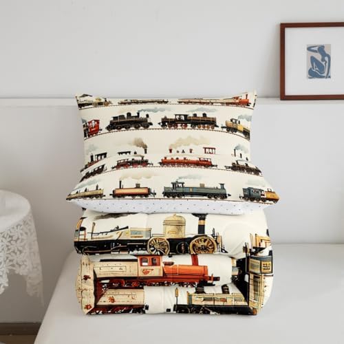 Feelyou Kids Vintage Train Comforter Set King Size Retro Steam Engine Bedding Set Boys Girls Retro Steam Locomotive Train Quilt Set Vehicle Train Bed Set