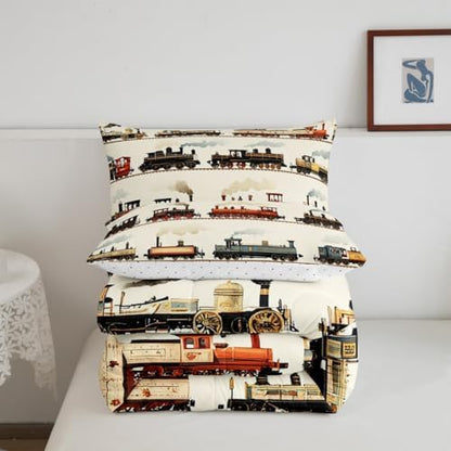 Feelyou Kids Vintage Train Comforter Set King Size Retro Steam Engine Bedding Set Boys Girls Retro Steam Locomotive Train Quilt Set Vehicle Train Bed Set