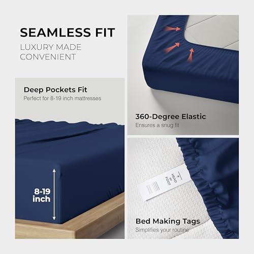 THREAD SPREAD 100% Egyptian Cotton Queen Sheets Set - 1200 Series Plush Collection Luxury Egyptian Cotton Sheets Queen Size Deep Pocket (4 PC, Navy Blue), Soft, Cooling, Sateen Weave Sheet Set