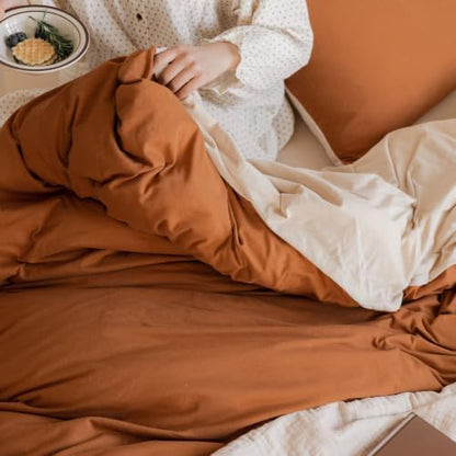 LifeTB Jersey Knit Cotton Duvet Cover Set Twin XL Terracotta & Cream Beige