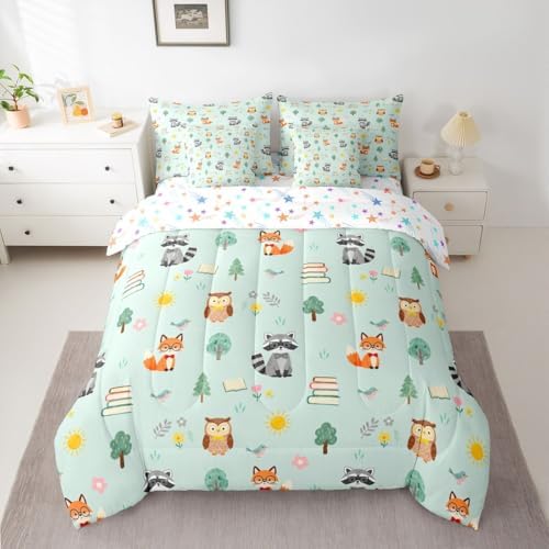 Feelyou Cute Fox Owl 7 Piece Bedding Set Zoo Animal Comforter Set with Sheets for Kids Boys Girls Cute Flower Bed in a Bag Green Orange Bed Set Soft Lightweight