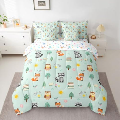 Feelyou Cute Fox Owl 7 Piece Bedding Set Zoo Animal Comforter Set with Sheets for Kids Boys Girls Cute Flower Bed in a Bag Green Orange Bed Set Soft Lightweight