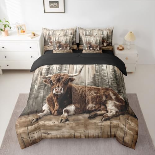 Erosebridal Rustic Highland Cow Bed in A Bag 7 Pcs Farm Animal Comforter Set for Kids Teens Western Country Forest Bedding Sets Queen Farmhouse Wildlife Sheet Set with Comforter