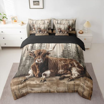 Erosebridal Rustic Highland Cow Bed in A Bag 7 Pcs Farm Animal Comforter Set for Kids Teens Western Country Forest Bedding Sets Queen Farmhouse Wildlife Sheet Set with Comforter