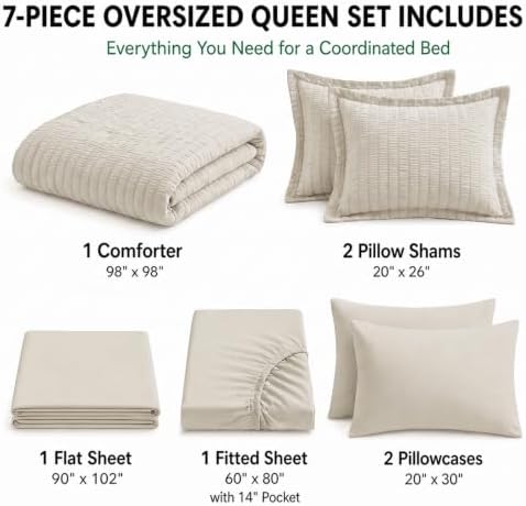 HIMEET Oversized Queen Comforter Set, 7-Piece Seersucker Bed in a Bag Beige