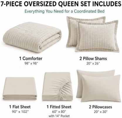 HIMEET Oversized Queen Comforter Set, 7-Piece Seersucker Bed in a Bag Beige