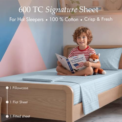 Threadmill 600 Thread Count Cotton Twin Sheet Set, Sateen, Damask, Blue