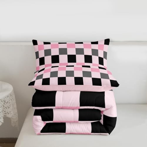 Checkered Geometric Comforter Set All Season Pink Grey Black Plaid Bedding Set with 2 Pillow Cases Checkerboard Modern Aesthetic Kids Queen Bedclothes Reversible Pink Bedroom Decor Duvet Quilt