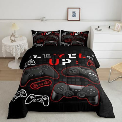Video Gampad Comforter Set King Size,Video Games Bedding Set 3pcs for Kids Teens Boys Gamer Room Decor,Gaming Equipment Quilt Set Black Modern Grid Quilted Bedspread 2 Pillowcases,Black Reversible