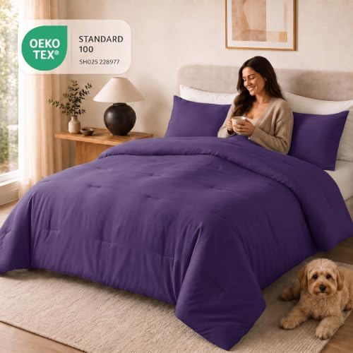 CozyLux Oversized King Comforter Set, 3 Pieces Purple Quilted Bedding