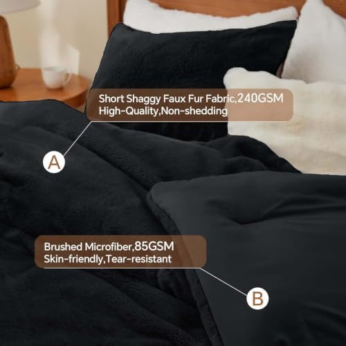 BEDELITE Faux Fur King Comforter Set Black,Warm Bedding with 2 Pilowcases