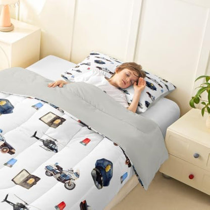 Feelyou Police Car Comforter Set Twin Size Policeman Vehicle Bedding Set for Kids Boys Girls Aircraft Cartoon Car Duvet Quilt Bedroom Decor Microfiber 2 Pcs with 1 Pillow Case