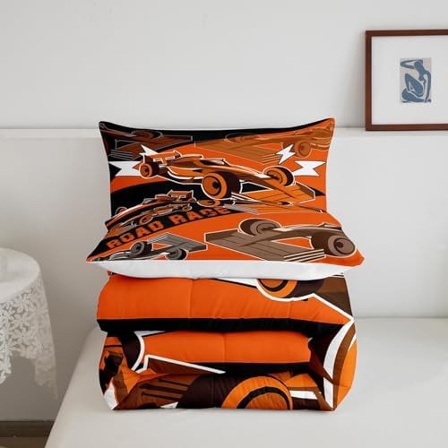 Erosebridal Race Car Comforter Sets for Boys Queen Race Cars Bedding Set,Cool Sports Car Bedroom Set for Boys Girls Kids Racing Car Bed Set,Black Orange Gamer Bedding Sets Car Room Decor 3Pcs