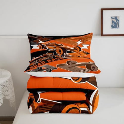 Erosebridal Race Car Comforter Sets for Boys Queen Race Cars Bedding Set,Cool Sports Car Bedroom Set for Boys Girls Kids Racing Car Bed Set,Black Orange Gamer Bedding Sets Car Room Decor 3Pcs