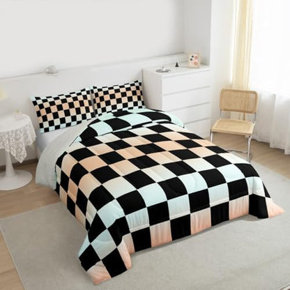 Checkered Geometric Bedding Set for Boys Girls Gradient Teal Blue Plaid Comforter Set Queen Size Checkerboard Modern Aesthetic Duvet Quilt Reversible Grey Bedroom Decor 3 Pcs with 2 Pillow Cases