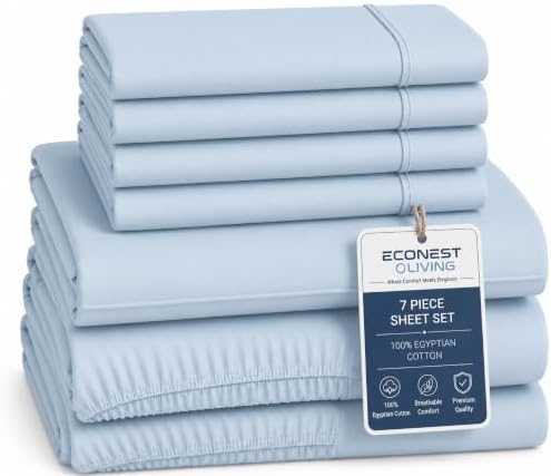 Split King Sheets Sets for Adjustable Bed, 7Pc Egyptian Cotton,Light Blue