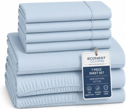 Split King Sheets Sets for Adjustable Bed, 7Pc Egyptian Cotton,Light Blue