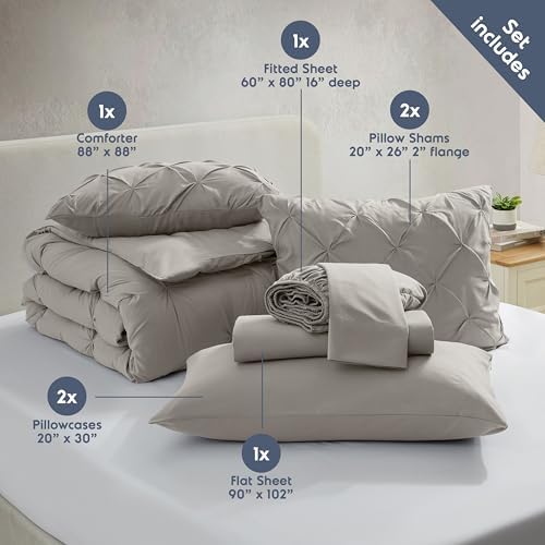Nestl 9 Piece Queen Comforter Set – Linen Pinch Pleated Bed in a Bag – Complete Queen Size Bedding Set with Sheets, Set of 2 Cooling Pillows, Pillowcases and Shams
