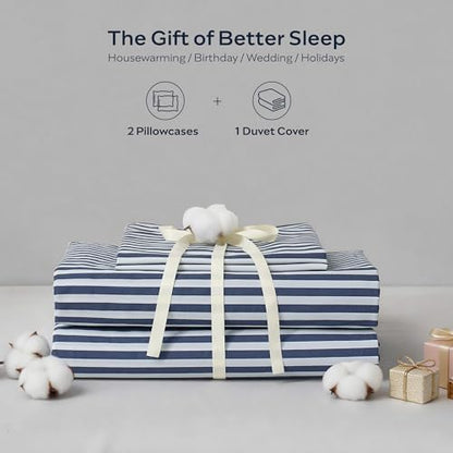 JELLYMONI 100% Cotton Printed Striped Queen Duvet Cover Set, Navy Blue