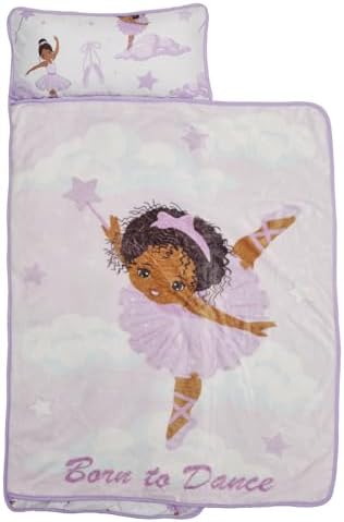EVERYDAY KIDS Toddler Nap Mat with Removable Pillow - Born to Dance African American Ballerina - Carry Handle with Straps Closure, Rollup Design for Preschool, Daycare, Sleeping Bag - Ages 2-6 Years