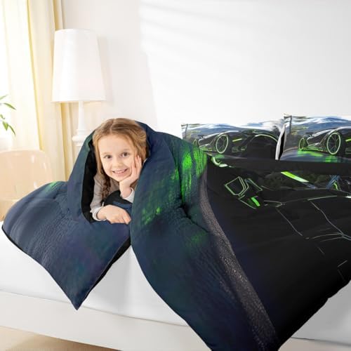 Erosebridal 3D Kids Boys Sports Car Comforter Set Twin Size Green Race Car Bedding for Kids Teen Boy Room Decor Boys Racing Cars Wheel Quilt Set 1 Comforter with 1 Pillowcase Girls Sports,Luxury Soft