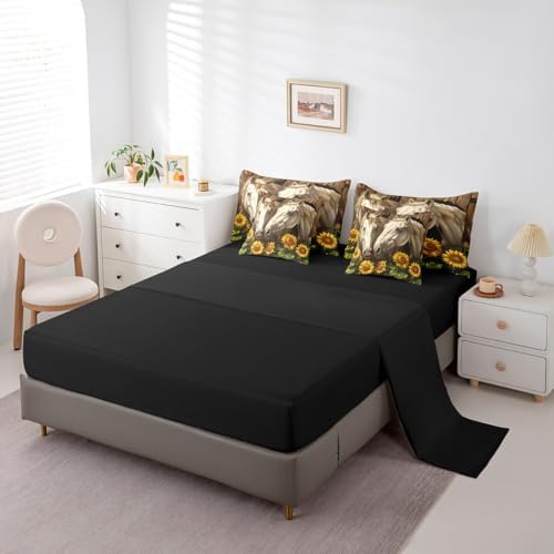 Erosebridal Rustic Horse Bedding Set Twin,Yellow Sunflower Comforter Set,Western Farmhouse(Comforter+Fitted+Flat Sheet+2 Pillowcases+2 Throw Pillow Covers) 7 Pieces Cowboy Cowgirls Bed Set