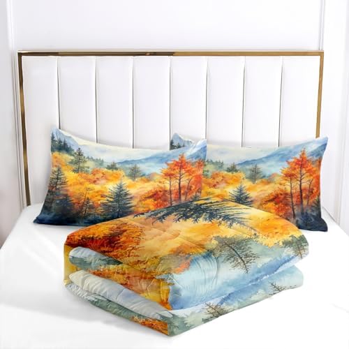 CCoutueChen Fall Forest Comforter Set King Size, Country Bedding with Watercolor Mountain Autumn Tree Bedroom Decor, 3 Pcs 2 Pillowcases, 104"x90"