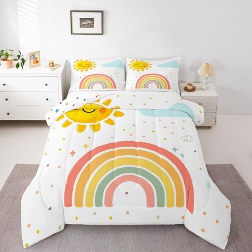 jejeloiu Cute Rainbow Comforter Set All Season Lovely Kids Rainbows Bedding Set with 1 Pillow Cases Cute Princess Microfiber Toddler Bedclothes Bedroom Decor Duvet Quilt Breathable Soft Lightweight