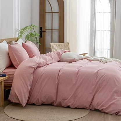 BESTOUCH Cotton Solid Duvet Cover Set Linen Feel Red Pink Twin
