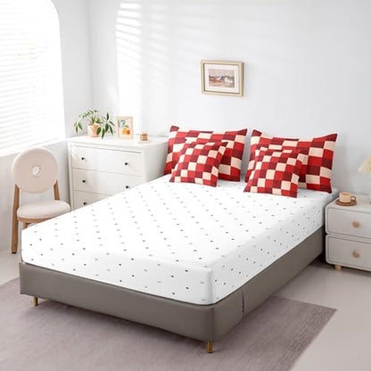 jejeloiu Red Bedding Set 7Pcs King Size Kids Checkered Grid Comforter Set with Sheets for Boys Girls Classic Plaid Buffalo Check Bed in a Bag Soft Lightweight,Microfiber