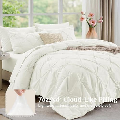 JOLLYVOGUE Twin Comforter Set 5 Pieces - Bed in a Bag Twin for All Season, Pintuck Bedding Comforter Sets with Comforter, Flat Sheet, Fitted Sheet and Pillowcases & Shams, Ivory