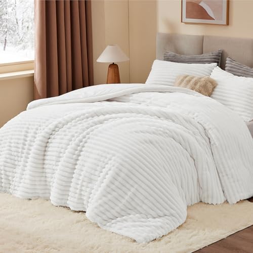 BEDELITE Fleece King Comforter Set, Fluffy Bed Set, Bright White