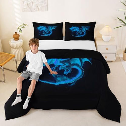 Feelyou Dragon Comforter Set King Size Jungle Dragon Bedding Set for Kids Boys Girls Magical Beast Duvet Quilt Wild Animal Bedroom Decor Fantasy Animal Microfiber 3 Pcs with 2 Pillow Cases