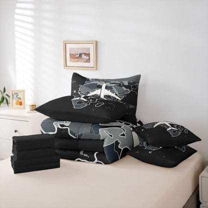 Erosebridal Boys Airplane Bedding Set Queen 7 Pcs Aircraft Comforter Set with Sheets Gradient Gray World Map Bed in A Bag for Kids Teens Men Modern Transportation Plane Bed Sets for Aviation Lovers