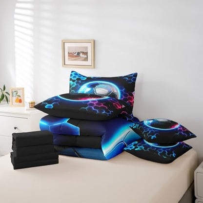 Erosebridal Boys Soccer Comforter Sets with Sheets - Geometric Honeycomb Bedding Set King for Boys Girls Colorful Neon Lights 7Pcs Bed in A Bag, Hexagon Sports Gamer Bed Set