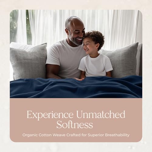100% Organic Cotton Blanket - GOTS & Fairtrade Certified Organic Cotton Throw Blanket for Bed with a Heavy & Breathable Single Knit Weave - Great as Bedspread or Coverlet (Navy, King/Cal King)