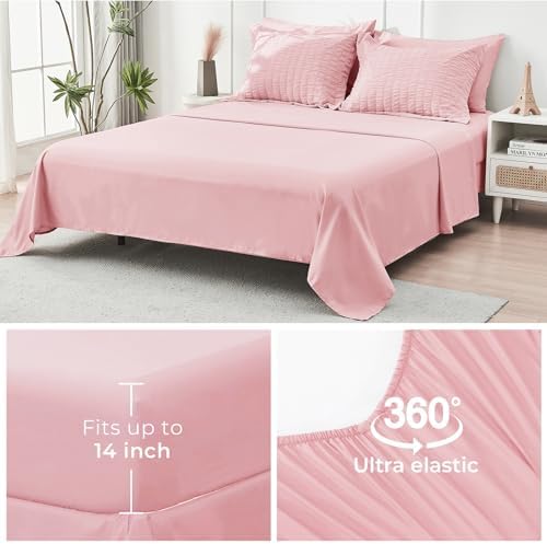 HYMOKEGE Pink Oversized Queen Comforter Set Seersucker 7 Pieces, All Season Luxury Bed in a Bag for Bedroom, Bedding Set with Comforter, Sheets, Pillowcases & Shams