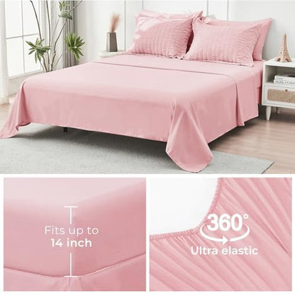 HYMOKEGE Pink Oversized Queen Comforter Set Seersucker 7 Pieces, All Season Luxury Bed in a Bag for Bedroom, Bedding Set with Comforter, Sheets, Pillowcases & Shams