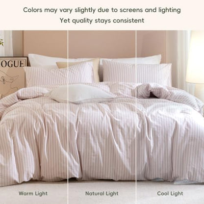 JIYUAN Full Washed Cotton Duvet Cover Set, 3-Piece, Linen-Like Stripe