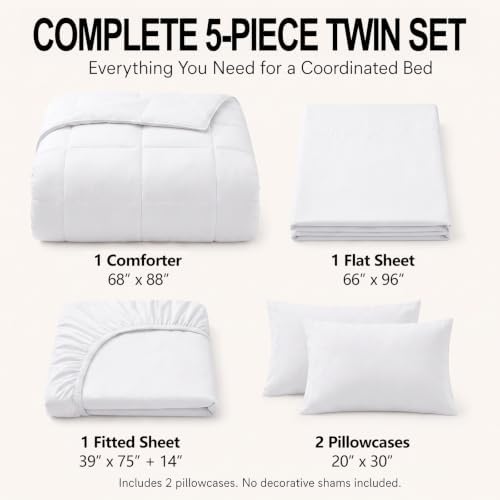 CozyLux Twin Comforter Set White - 5 Pieces Bed in a Bag
