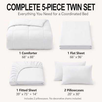 CozyLux Twin Comforter Set White - 5 Pieces Bed in a Bag