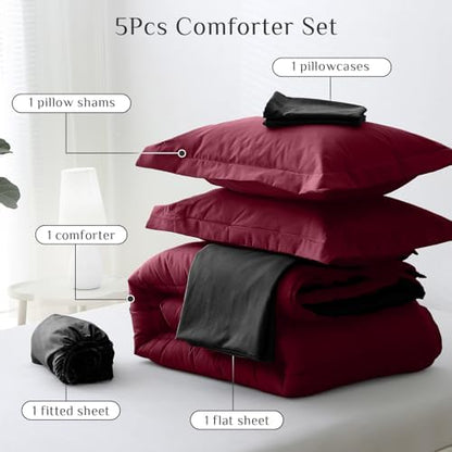 JOLLYVOGUE Twin XL Comforter Set, Ultra-Soft Bed in a Bag Twin XL Size 5 Pieces, Oeko-TEX Certified Bedding Set with Down Alternative Comforter, Sheets, Pillowcases & Shams, Burgundy & Black