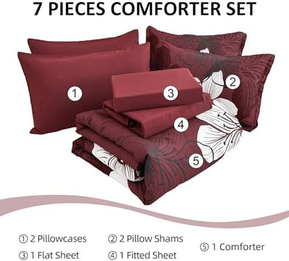 Luxudecor 7 Pieces King Size Comforter Set, Burgundy Floral Bed in a Bag Comforter and Sheet Set, Soft Microfiber Lightweight Bedding Set for All Season 104"×90"