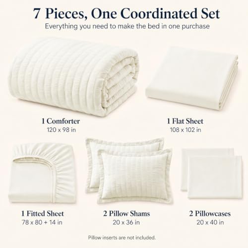 CozyLux Oversized King Comforter Set 120x98 in, 7-Piece Ivory Seersucker