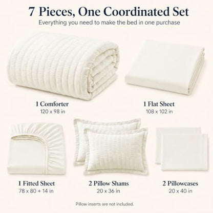 CozyLux Oversized King Comforter Set 120x98 in, 7-Piece Ivory Seersucker