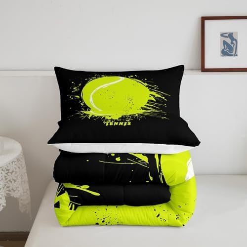 Manfei Tennis Comforter Set King Size, Green Tennis Print Bedding Set 3pcs for Kids Boys Teens Bedroom Decor, Sports Gaming Theme Quilt Set with 2 Pillowcases